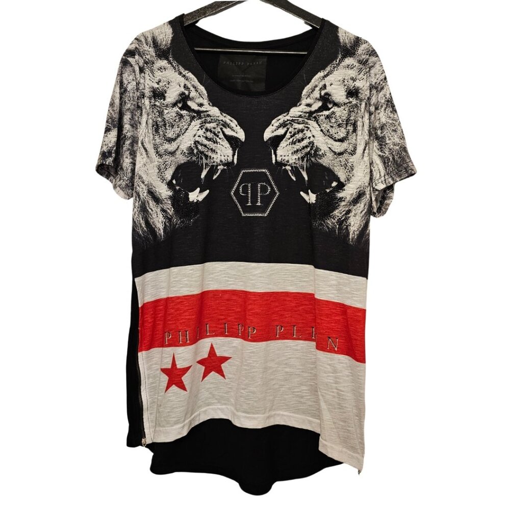 Philipp Plein 2 Lions Limited Edition Unisex Tee with Rhinestones, Side Zippers
